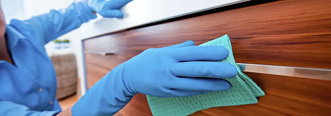Cleaner wearing blue gloves wiping a wooden cabinet drawer with a microfiber cloth for dust and grime removal, Bakersfield, CA.