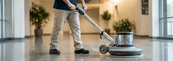 Professional technician using an industrial floor buffer to polish and maintain shiny commercial flooring in a corporate hallway in Bakersfield, CA.