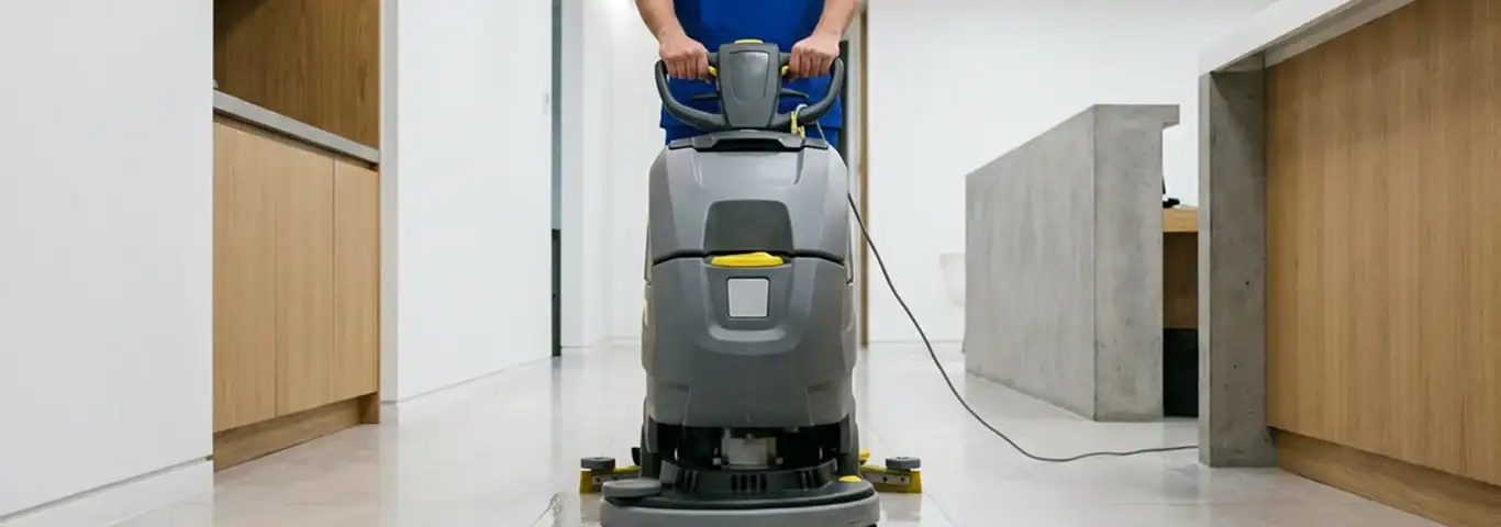 Janitorial staff using a floor scrubber machine to clean a commercial hallway, Bakersfield, CA.
