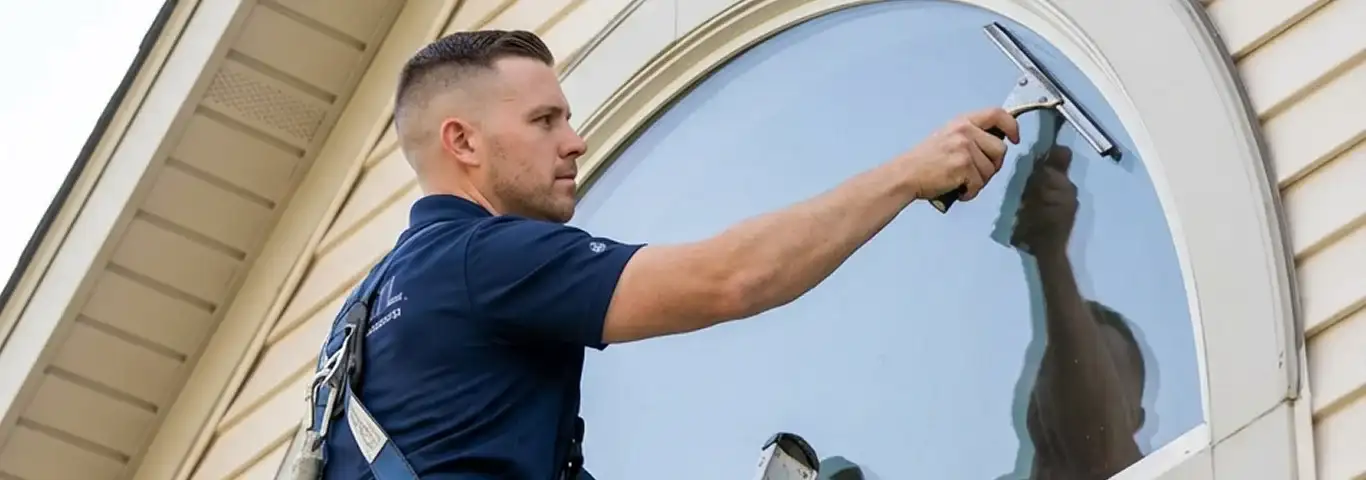 Professional window cleaner using a squeegee to clean an exterior arched window on a home, Bakersfield, CA.