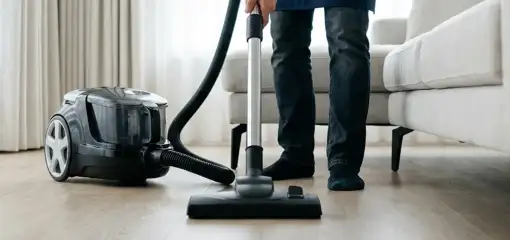 Professional house cleaner vacuuming a living room floor with a canister vacuum cleaner, Bakersfield, CA.