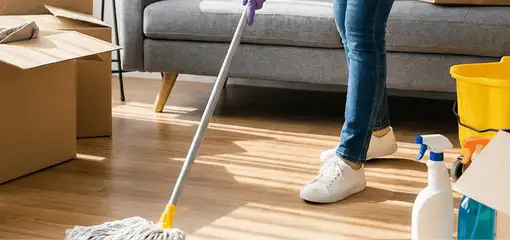 Move-out cleaning setup with a cleaner mopping hardwood floors near moving boxes and cleaning supplies, Bakersfield, CA.