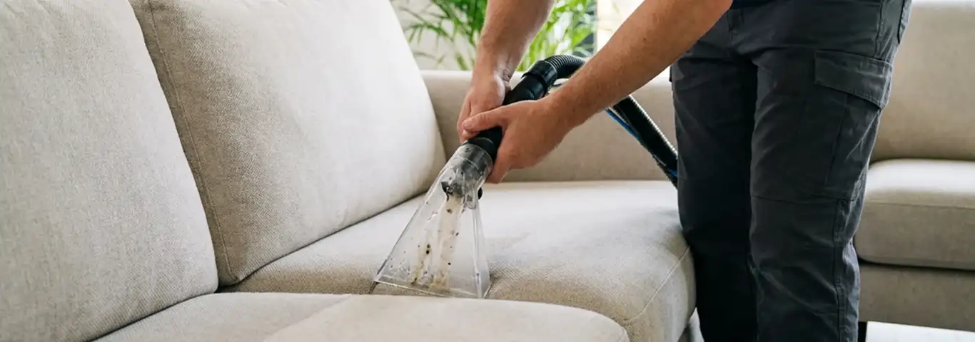 Technician extracting dirt and moisture from a fabric sofa with an upholstery cleaning wand, Bakersfield, CA.