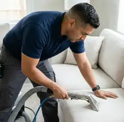 Professional upholstery cleaning technician using an extraction wand to deep-clean a fabric sofa, Bakersfield, CA.