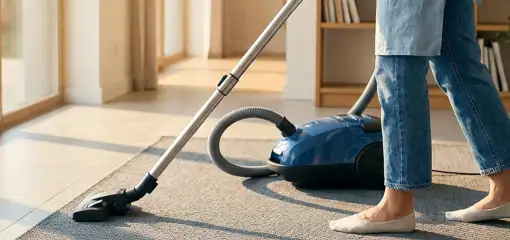 Person vacuuming a living room rug with a canister vacuum cleaner near large windows, Bakersfield, CA.